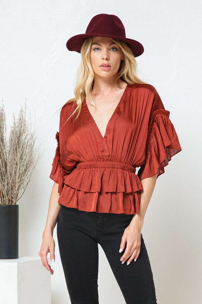 Satin Ruffle Elastic Waist Tiered Blouse 22014T Merlot